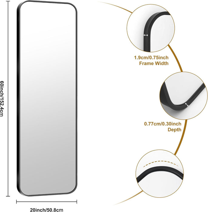 60"X20" Full Length Wall Mirror, Large Black Vanity Mirror with Rounded Corner & Metal Frame, Modern Design for Bathroom, Living Room, Entryway, Hang Horizontal/Vertical