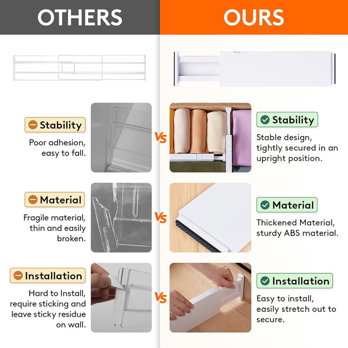 8 Pack Drawer Dividers 4" High,11-17" Adjustable Dresser Drawer Organizers for Clothes, Expandable Dresser Separators in Bedroom/Bathroom/Kitchen/Vanity/Office Organization and Storage, White