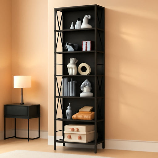 Bookshelf, 7-Tier Bookshelf, Rustic Wood Metal Bookshelves and Bookcases, Freestanding Open Bookshelf, Industrial Tall Bookcase for Home Office, Living Room and Bedroom, Black