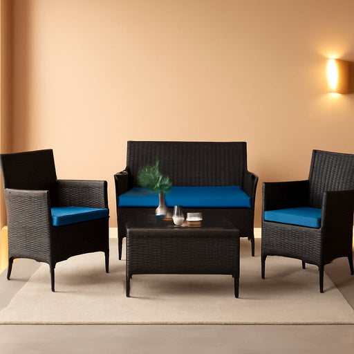 4 Piece Rattan Patio Furniture Set, Sectional Sofa Chair, Wicker Set with Tempered Glass Coffee Table & Thick Cushions, Wicker Patio Set for Garden, Lawn, Poolside, Backyard (Peacock Blue)