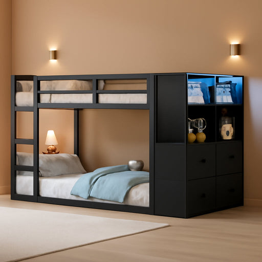 Twin Over Twin BlackPowderCoated Bunk Bed LEDLights