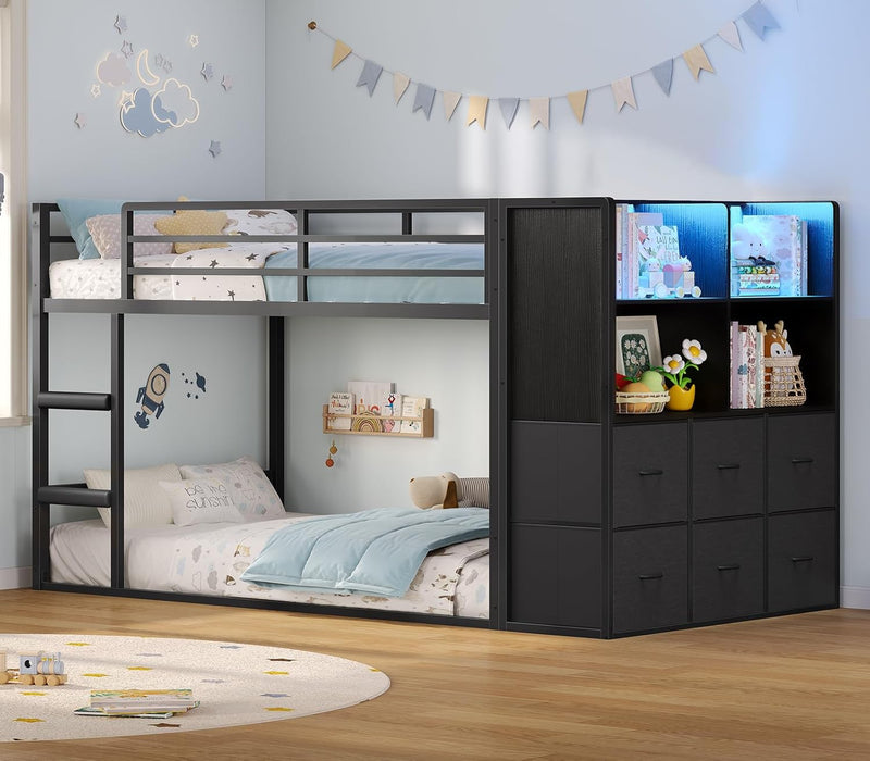 Twin Over Twin BlackPowderCoated Bunk Bed LEDLights
