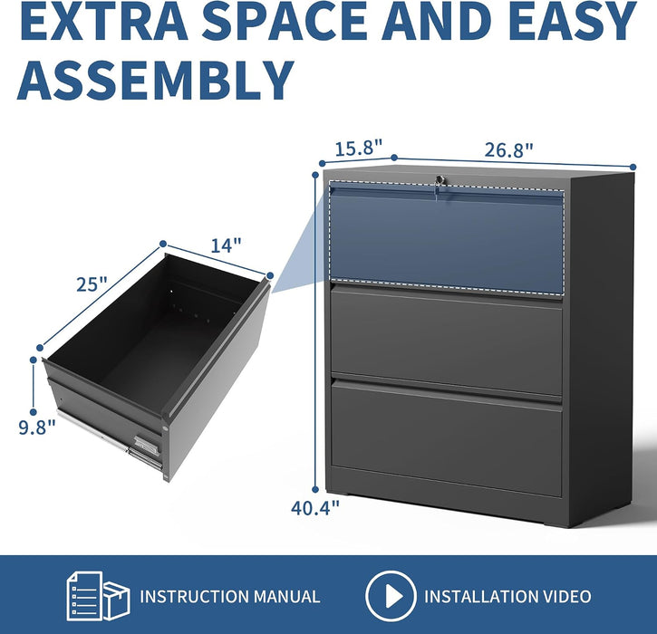 3 Drawer File Cabinet with Lock, Metal Lateral Filing Cabinets
