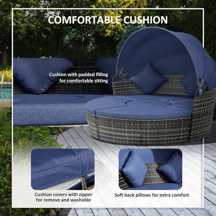 4-Piece round Convertible Daybed with Cushions, Outdoor PE Rattan Patio Wicker Sofa Set, Sunbed with Adjustable Sun Canopy, Sectional Sofa, 2 Chairs, Table, 3 Pillows, Dark Blue
