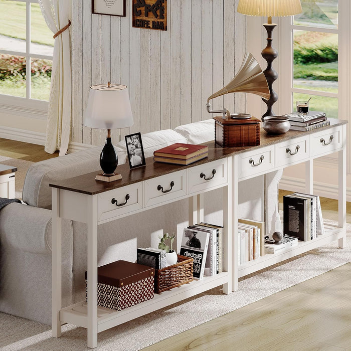 47" Farmhouse Console Table with 3 Drawers, Rustic Entryway Table, Narrow Long Sofa Table for Living Room, Hallway, behind Couch, Soft White and Brown