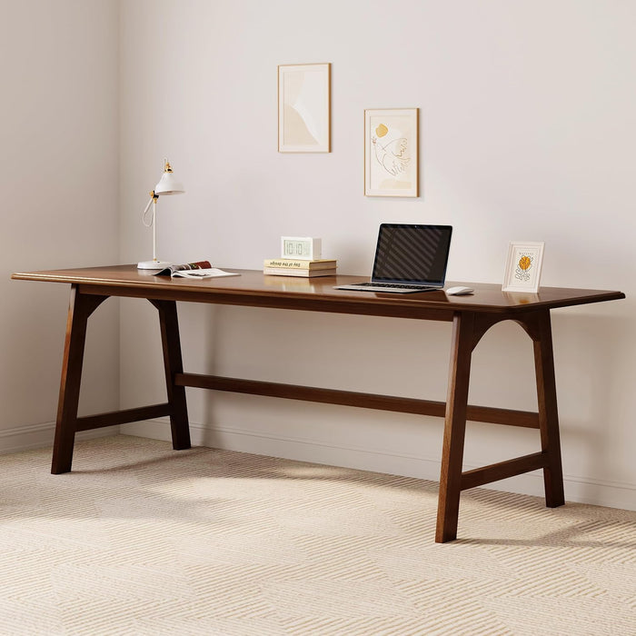 Solid Wood Writing Table - 72"W Minimalist Long Computer Desk, Walnut
