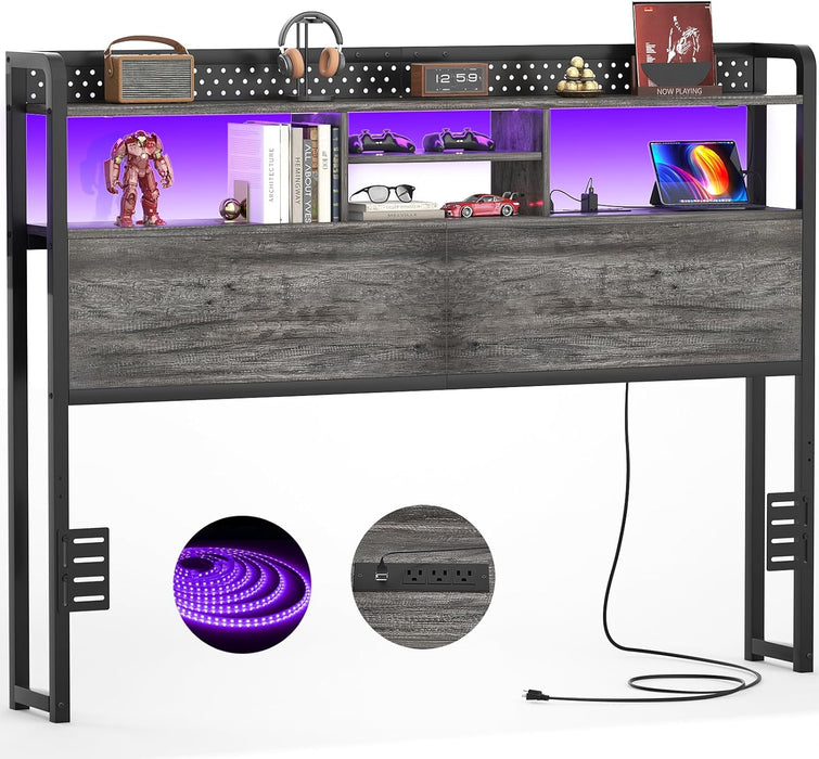 Headboard for Queen Size Bed with Storage Shelf, Head Board with 3 Outlets and 2 USB Ports, Headboards with RGB LED Light, Height Adjustable, Sturdy and Stable, Easy Assembly, Black Oak