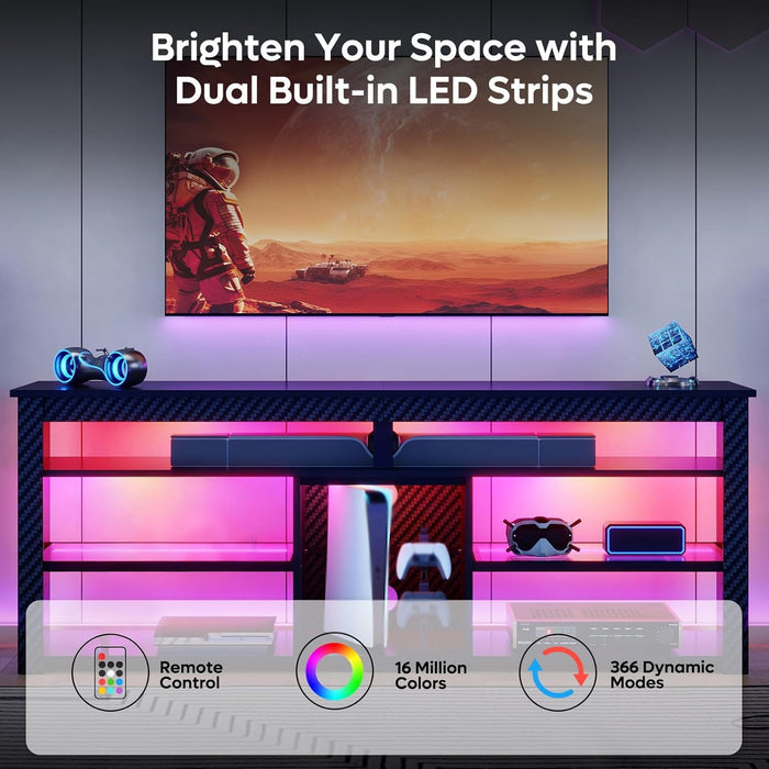 TV Stand for 70 Inch TV, Tall Entertainment Center with 2 Led Lights, Gaming TV Console with Storage for PS5, Modern TV Cabinet for Bedroom, Living Room, Black Carbon Fiber
