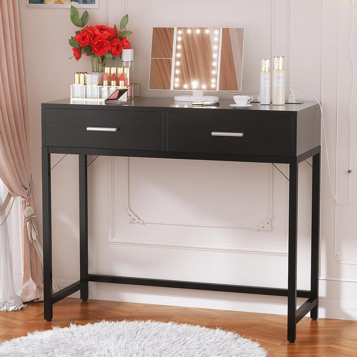 Vanity Desk with Mirror and Lights, 36'' Makeup Vanity Desk with Power Outlet, Small Vanities Set Dressing Table with Drawers for Bedroom, Black
