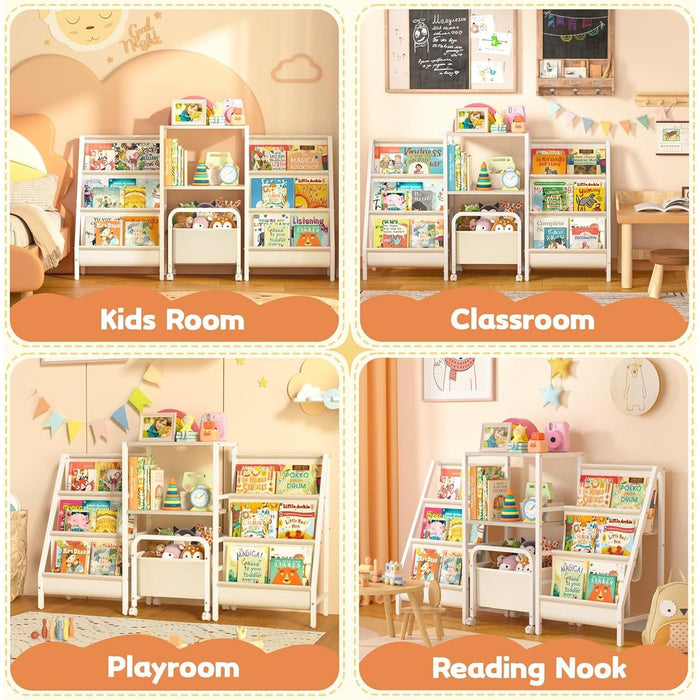 Kids Bookshelf and Toy Storage,2 Sided Montessori Bookshelf, Large Toddler Book Shelf with Movable Toy Bin,6 Tiers Baby Bookshelf,Sturdy Nursery Bookcase,Child Bookshelf for Playroom Classroom