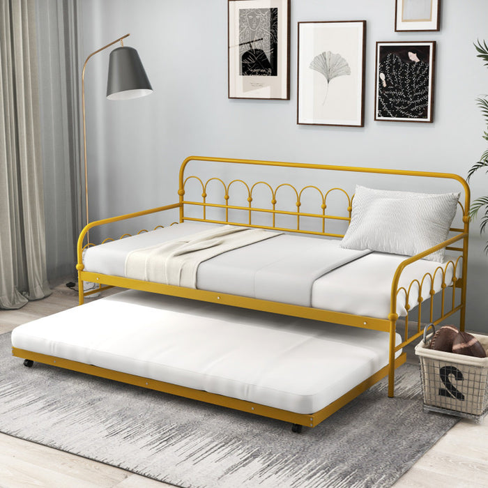 Twin Size Golden Metal Daybed with Trundle and Lockable Wheels