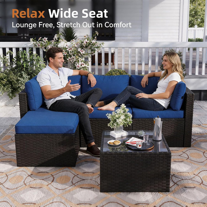 Patio Furniture Set 5-Piece, Outdoor Sectional Sofas with Washable Cushion, Wicker Rattan Patio Conversation Sets for Backyard Porch and Poolside, Navy