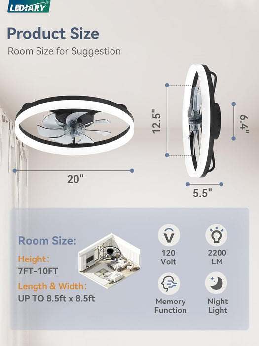 Ceiling Fans with Lights, 20 Inch Low Profile Flush Mount Ceiling Fan, Dimmable LED, APP & Remote Control, Quiet Reversible DC Motor, 6 Speeds, Fandelier for Bedroom, Black