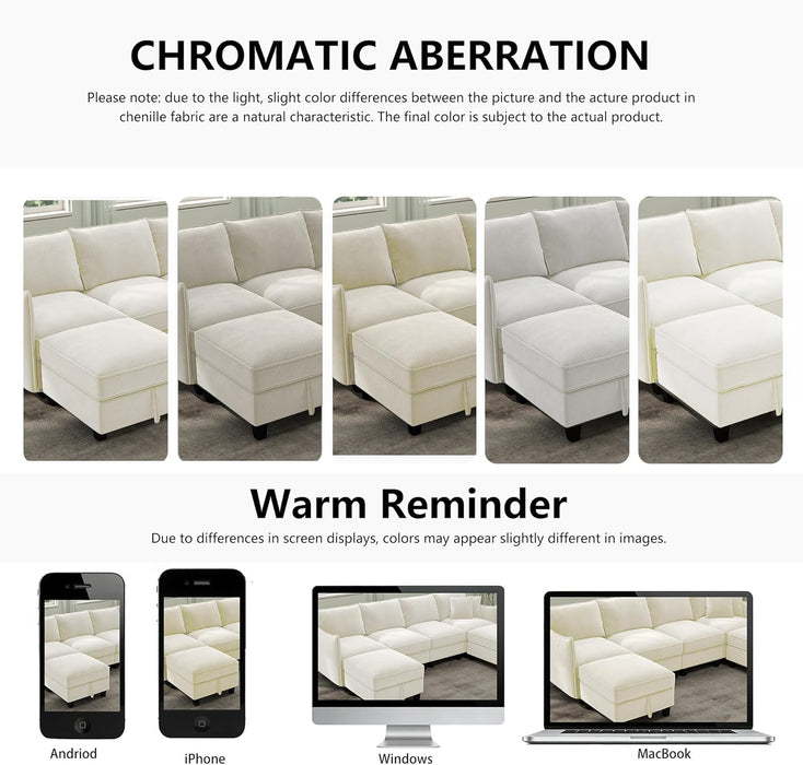 112-Inch Modular U-Shaped Sectional Beige Sofa Ottomans