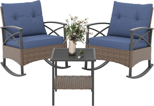 3 Piece Patio Rocking Chair Set, Outdoor Wicker Bistro Set with 2 Oversize Cushioned Porch Rockers and 2 Tier Coffee Table for Garden, Porch, Backyard, Dark Blue