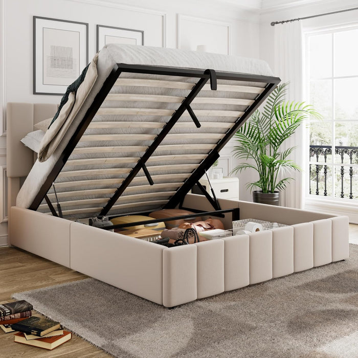 Gas Lift up Storage Platform Bed, Upholstered Bed Frame with Hydraulic Storage System and Wooden Slat Support, Queen Size, Beige