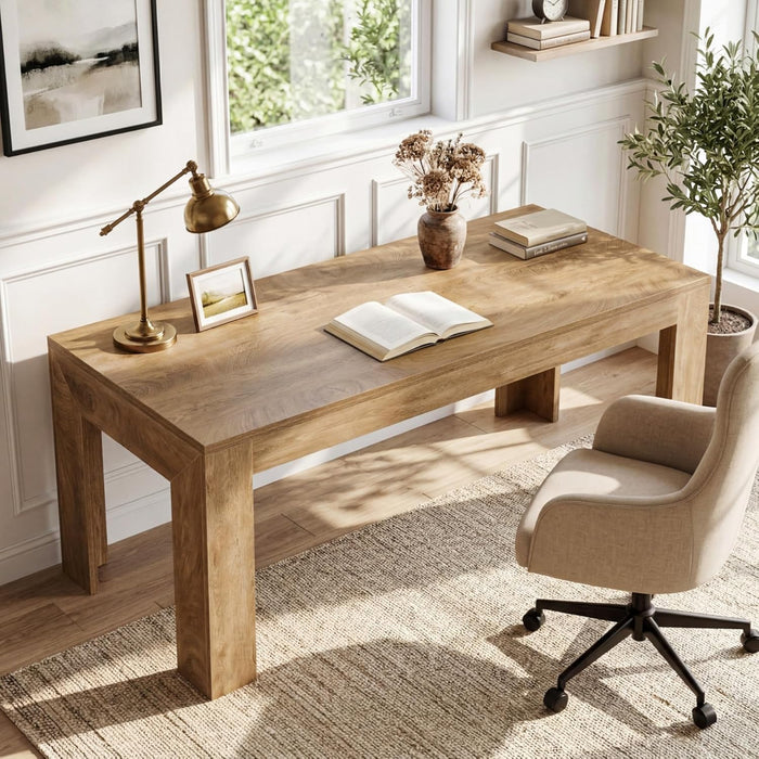 63-Inch Office Desk, Modern Executive Desk with Large Tabletop, Wooden Computer Desk, Long Workstation for Home Office, Light Brown
