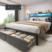 Queen Bed Frame with Charging Station, LED Lights, 2 Drawers, Rustic Grey