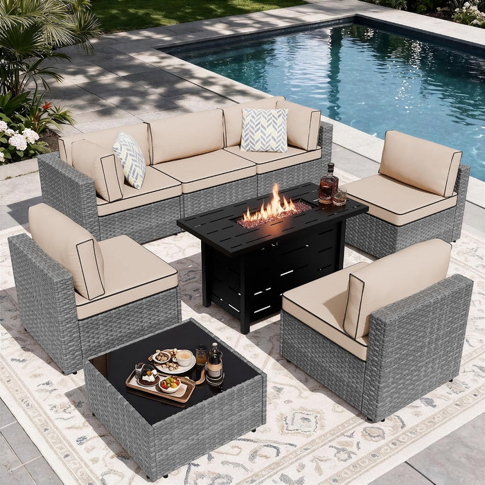 8 Piece Outdoor Patio Furniture Set with 43 Inch Propane Fire Pit, Washable Cushions, Glass Coffee Table, Waterproof Cover & CSA Certified for Backyard Poolside, Silver PE Rattan/Khaki