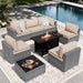 8 Piece Outdoor Patio Furniture Set with 43 Inch Propane Fire Pit, Washable Cushions, Glass Coffee Table, Waterproof Cover & CSA Certified for Backyard Poolside, Silver PE Rattan/Khaki