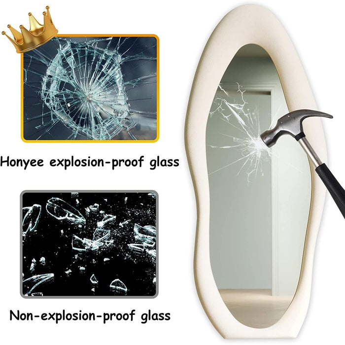 Full Length Mirror, 63 X 24 Wall Mirror, Flannel Wrapped Wooden Frame Full Body Mirror, Irregular Wavy Mirror Hanging or Leaning against Wall for Cloakroom/Bedroom/Living Room, White