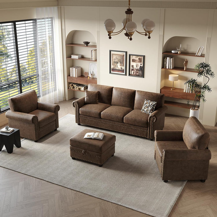 Faux Leather Ottoman with Storage, Rectangle Ottoman Coffee Table with Nailhead Trim, Solid Wood Legs, Oversized Upholstered Footrest Stool for Living Room, Bedroom, Apartment, Brown