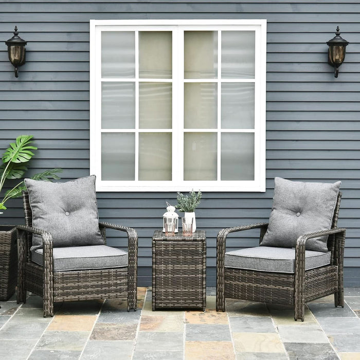 3 Piece Patio Furniture Set, PE Rattan Wicker Storage Table and Chairs W/Tufted Cushions for Outdoor Garden, Backyard, Poolside, Balcony, Gray