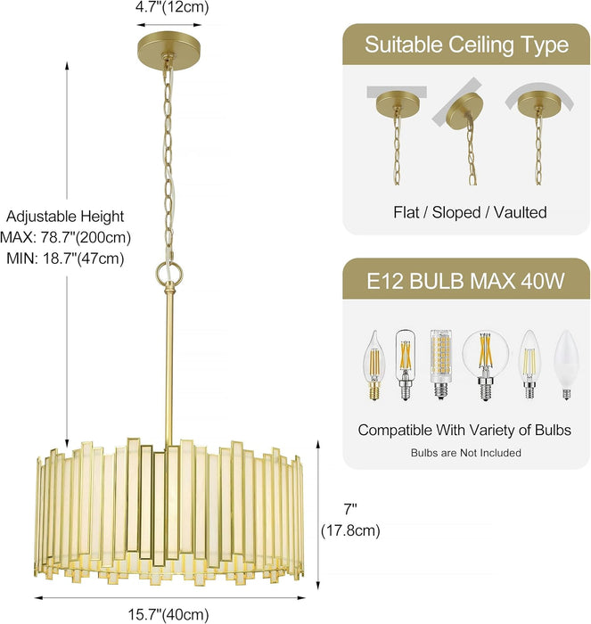 Gold Drum Chandelier 4-Light, Modern Drum Pendant Lighting Fixture with Tiffany Glass Shade, 16” round Ceiling Hanging Light for Bedroom Dining Room Kitchen Entryway Living Room (Gold)