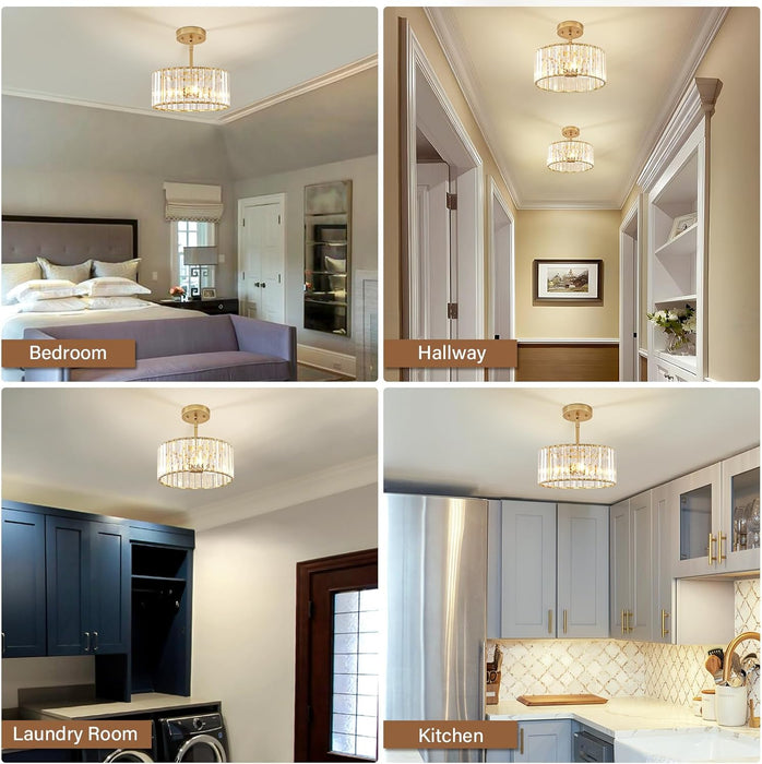 Gold Crystal Chandelier, Small Modern Semi Flush Mount Ceiling Chandelier Light Fixtures, round Hanging Lighting Fixture for Kitchen Bedroom Hallway Entryway Laundry Room, 3-Light, 11.8 Inch