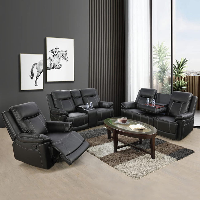 Manual Recliner Sofa Set, Bonded Leather Sofa with Recliners, Reclining Couch Set with Storage Console and Cup-Holders for Living Room/House/Bedroom/Office/Apartment (Black / 3 Pieces Set)