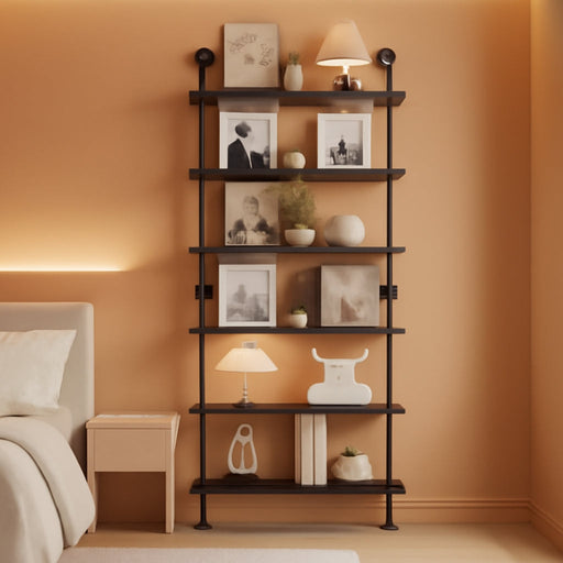 Industrial Pipe Bookshelf, Wall Mounted Shelf, 36 Inch, Black | 6 Tier Open Bookcase, Solid Pine Wood, Black Iron Pipe Frame, 40 Lbs per Shelf, for Books, Kitchen, Office Decor