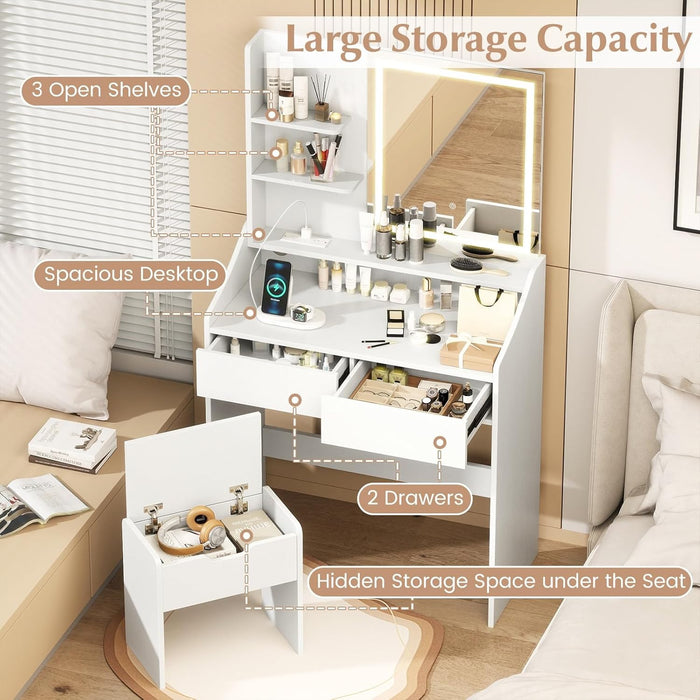 White Vanity Desk with LED Lighted Mirror, 3 Light Modes, Adjustable Brightness, Charging Station, Drawers & Shelves, Modern Makeup Vanity Table with Storage Stool for Bedroom, Dressing Room