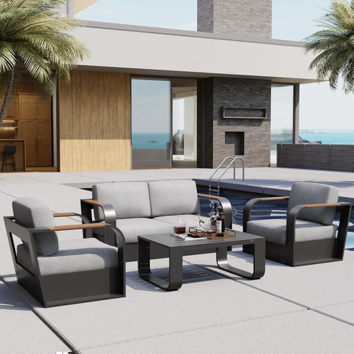 Signature 4 Pieces Patio Furniture Set, Outdoor Furniture with Aluminum Frame, Deep Seating Outdoor Loveseat and Coffee Table, Modern Patio Conversation Set for Porch and Balcony, Dark Grey