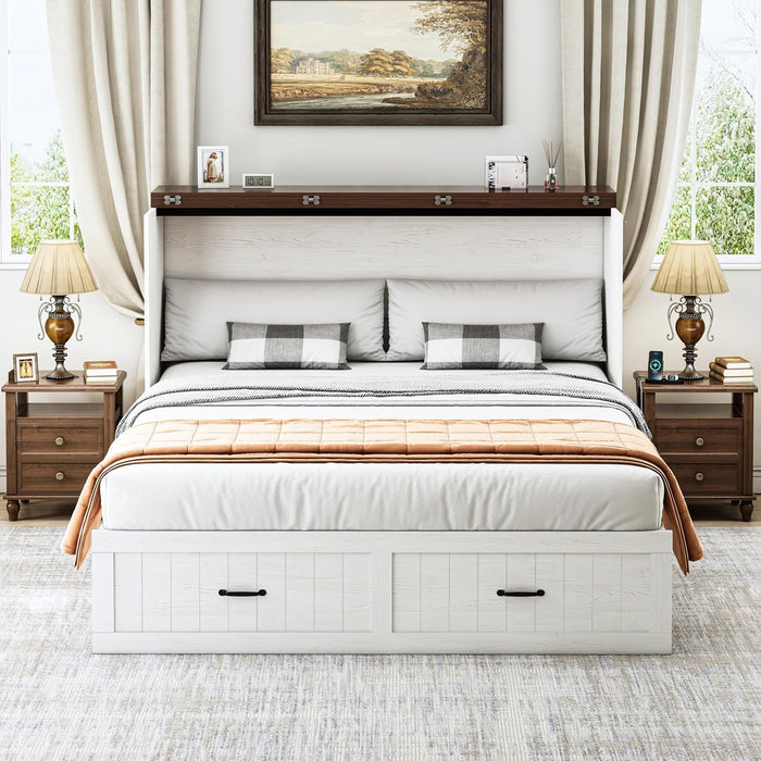 Queen Size Murphy Bed Frame, Farmhouse Wood Queen Beds with Charging Station, Drawer, Queen Foldable Platform Bed, White