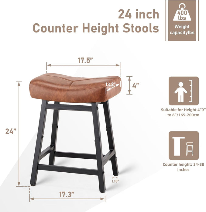 Counter Height Bar Stools Set of 3, 24 Inch Barstools for Kitchen Island | Heavy Duty Metal Base with 4 Inch High-Density Foam Faux Leather Saddle Seats, Kichen Home Bar Dining Room, Brown