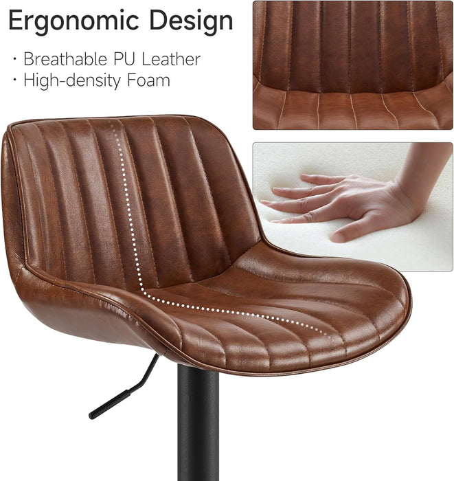 Bar Stools Set of 2, Mid Century Modern Faux Leather Swivel Barstools Adjustable Height, Counter Height Pub Bar Chair with Back, Black Powder Coated Base, Cognac