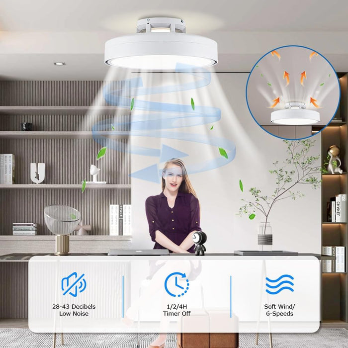 Ceiling Fans with Lights and Remote, Flush Mount Modern Bladeless Ceiling Fan with Light, 6 Speeds, Stepless Dimming and CCT 3000K-6000K LED Lights for Bedroom, Study Room (White, 20.1″)