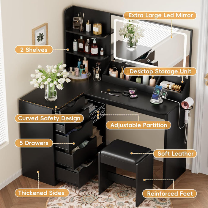Vanity Desk with Lights and Mirror, L Shaped Makeup Table, Dresser with Hairdryer Holder and Power Outlet, Adjustable 3 Lighting Modes, 5 Drawers and Adjustabled Open Storage Shelves, Black