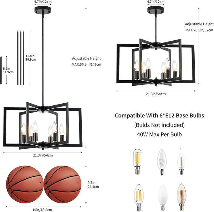 Modern Black Chandeliers for Dining Room, Industrial Metal Chandelier, 6-Light Adjustable Pendant Light for Farmhouse, Kitchen, Living Room(No E12 Bulbs)