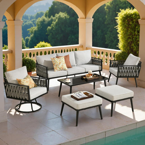 Patio Furniture Sets for 6 with Swivel Chair, Outdoor Conversation Sets 6 Pcs, 1X Coffee Table. 1Xswivel Chair, 1X3-Seat Sofa, 2Xottomans for Porch Poolside Gray