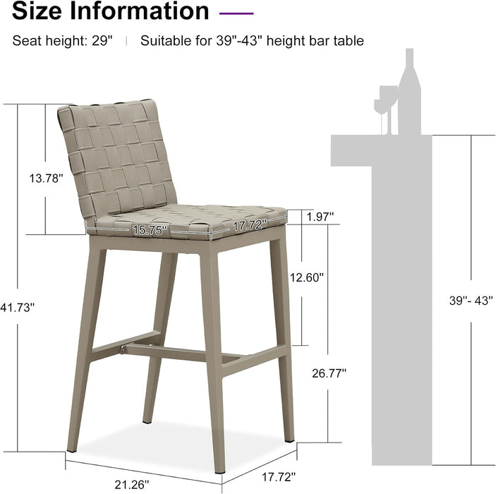 Outdoor Bar Stools Set of 2, Leather Bar Height Chairs, Taupe