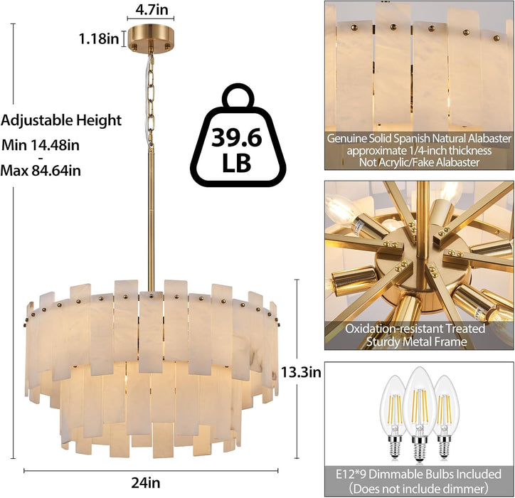 Alabaster Chandelier, 24" Spanish Alabaster round Chandeliers 2-Tier,Modern Adjustable Gold Marble Pendant Chandeliers for Dining Room, Living Room, Bedroom,Foyer,Bathroom, Included E12 Bulb