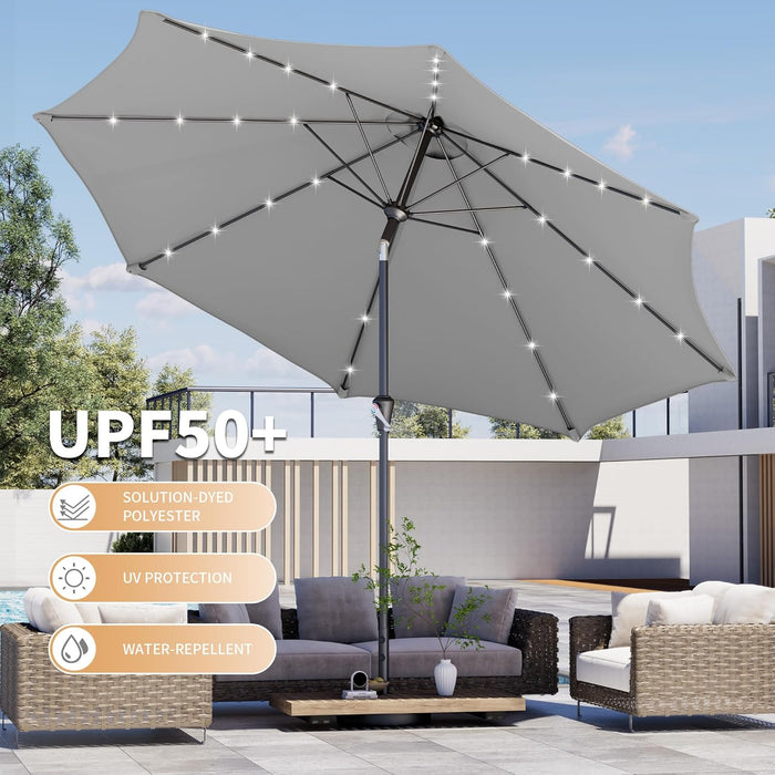 10FT Outdoor Patio Umbrella with Solar Lights, Market Table Umbrella with Push Button Tilt & Crank, 8 Sturdy Ribs, 32 LED Lights, UV Protection for Garden Lawn Deck Backyard Pool (Light Grey)
