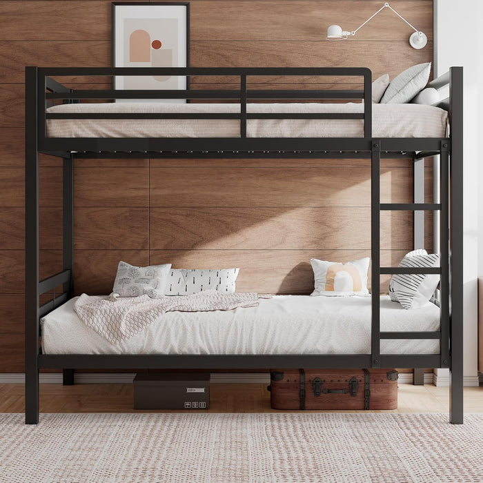 Bunk Bed Twin over Twin, Heavy Duty Metal Bed with Ladder and Full-Length Guardrail, Under-Bed Storage Space, No Box Spring Needed, Noise Free, Black