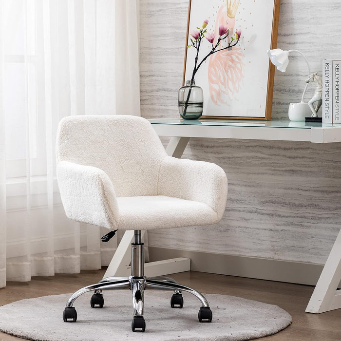 Faux Fur Makeup Vanity Chair,Home Office Desk Chair with Wheels, White