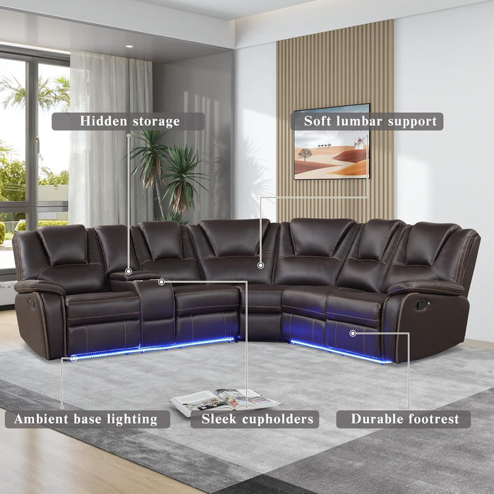 Faux Leather Reclining Sectional Sofa with LED Lights