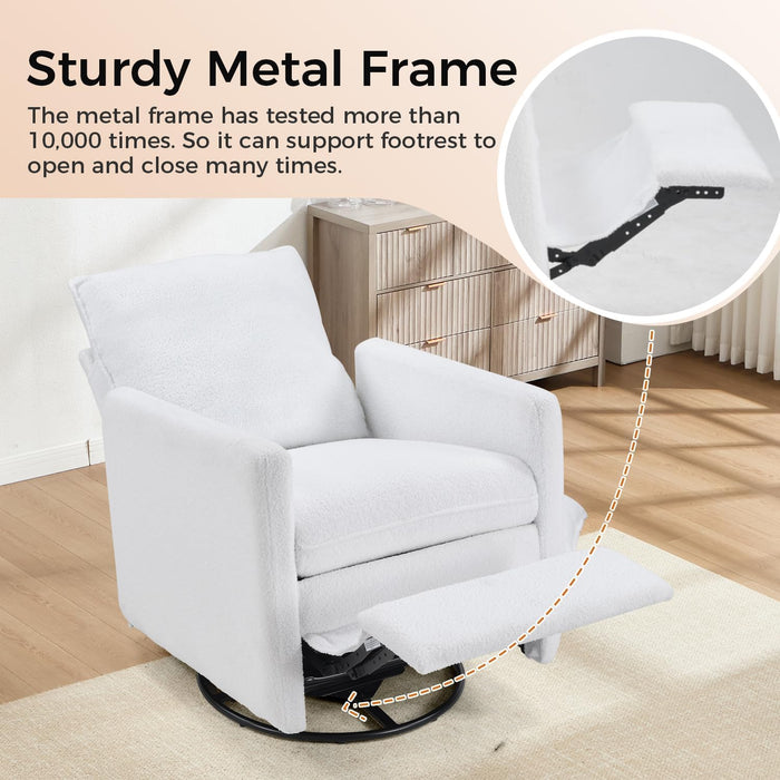 Swivel Rocker Recliner Chair, Teddy Upholstered Nursery Glider Chair, Manual Reclining Chair with Two Removable Pillows for Living Room (White)