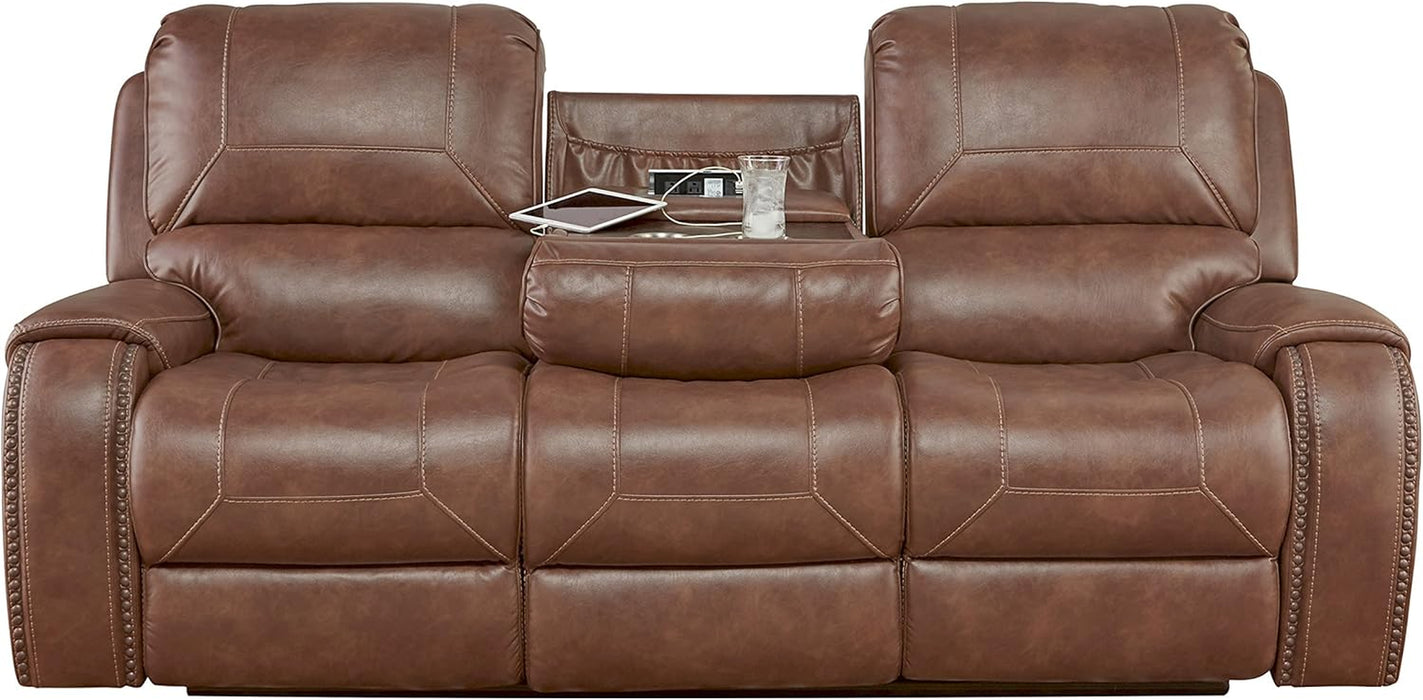 Achern Leather Air Nail Head Manual Reclining Sofa with Storage Console, Brown