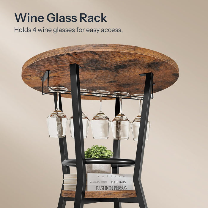 round Bar Table, 2-Tier Counter Height Pub Table with Wine Glass Holder, Industrial Cocktail Table, for Small Space, Tavern, Living Room, Dining Room, Patio, Rustic Brown and Black BF62BT01G1