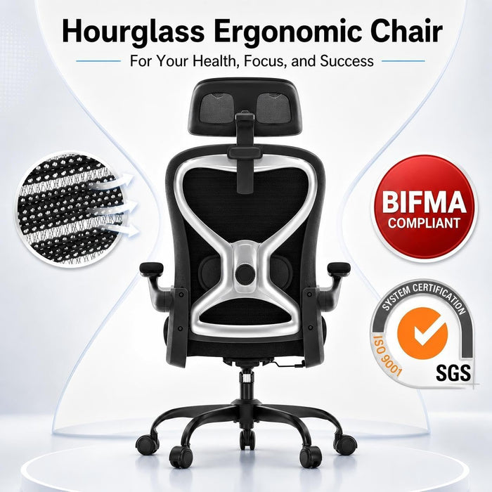 Home Office Desk Chairs, Ergonomic Office Chair with Lumbar Support & 3D Headrest, Computer Desk Chair with Flip-Up Armrests, Perfect for Office or Study, Black/Silver